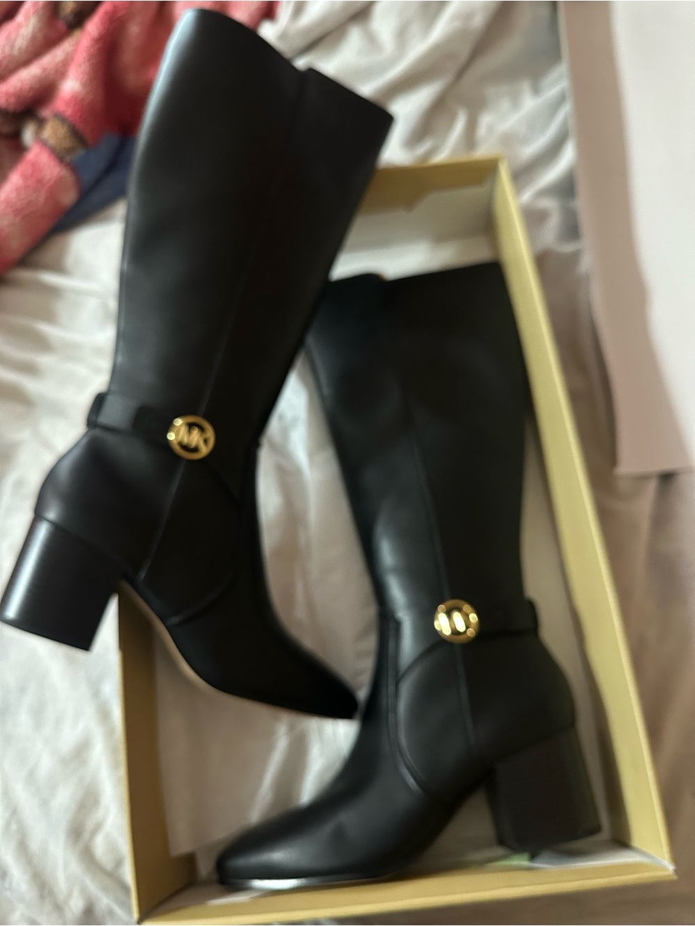 Michael Kors Black Leather Knee-High Heeled Boots with Gold MK Medallion